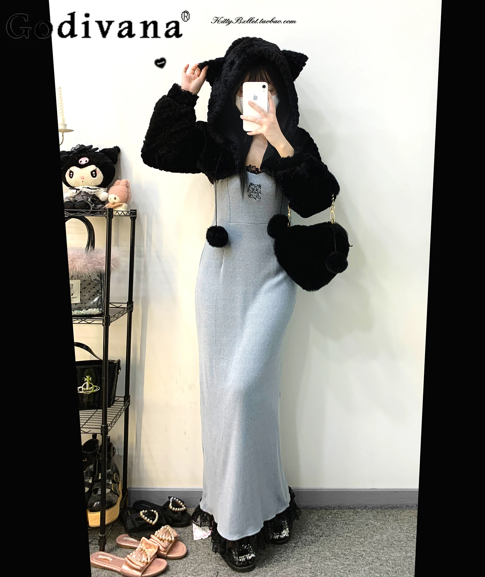 

Japanese Mine Mass-Produced Lace Cat Embroidered Dresseshot Girl Slim Fit Black Sexy Long Knitted Dress Women Fall Y2k Clothing