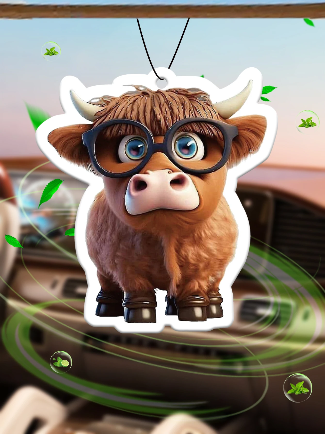 Cute Highland Cow Wearing Glasses Intercontinental Hotel (Hotel Scent) Car Air Freshener |   Rearview Mirror Hanger & Dual-Purpose Air Vent Clip |   Natural Material Aromatherapy Tablets |   Long-Lasting Fragrance for 90 Days |   Alcohol-Free |   Not Afraid of Direct Exposure to the Sun |   Designed Specifically for Odor Removal in Cars, Closets, and Bathrooms. |   Cartoon Animation Graphics |   Unisex |   Luxury-Grade Fragrance |   Five-Star Hotel
