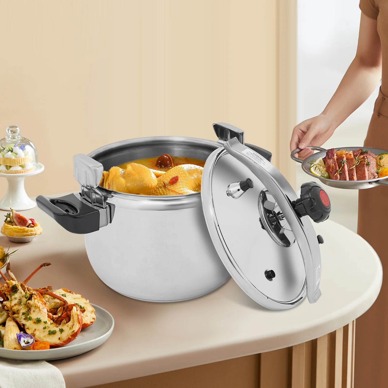 طنجرة ضغط مستديرة من الفولاذ المقاوم للصدأ 201 باللون الفضي، 7 لتر/22 لتر/ 26 لتر/40 لتر طنجرة ضغط على الطاولة للفنادق والمطاعم