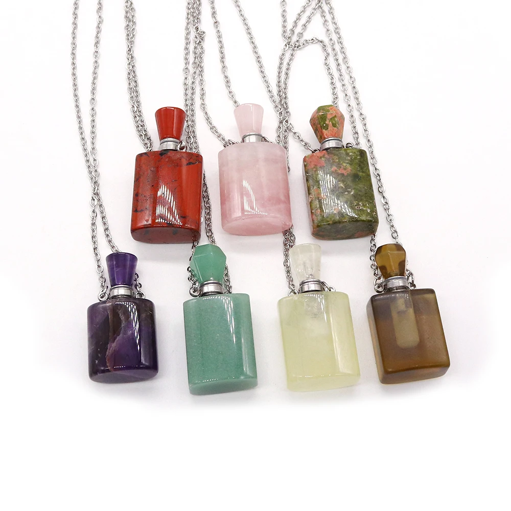Creative Natural Stone Crystal Red Stone Polished Geometric Square Perfume Essential Oil Bottle Necklace Jewelry Gift Accessory