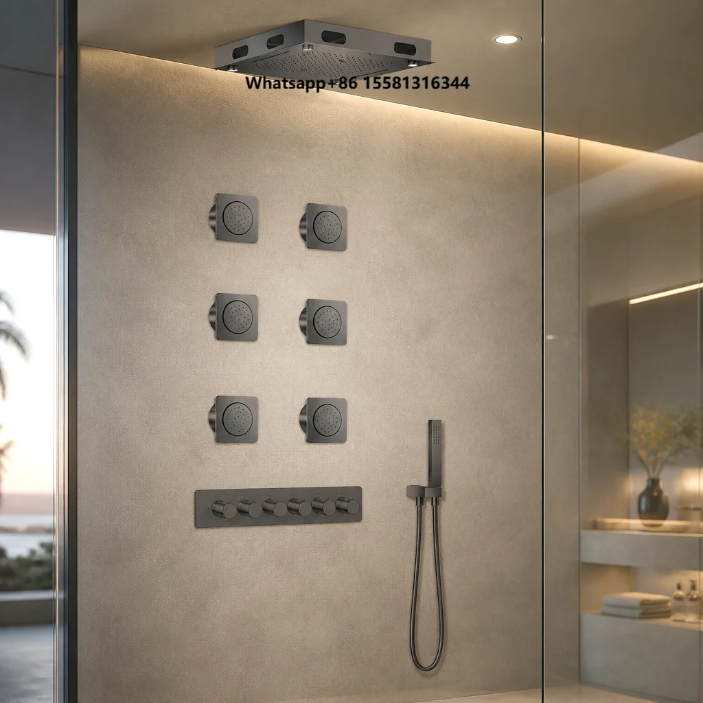 Rain Shower System: 16 Inch Rainfall & Spray Ceiling Head with Body Jets and Handheld, Thermostatic Valve 5 Functions Faucet Set