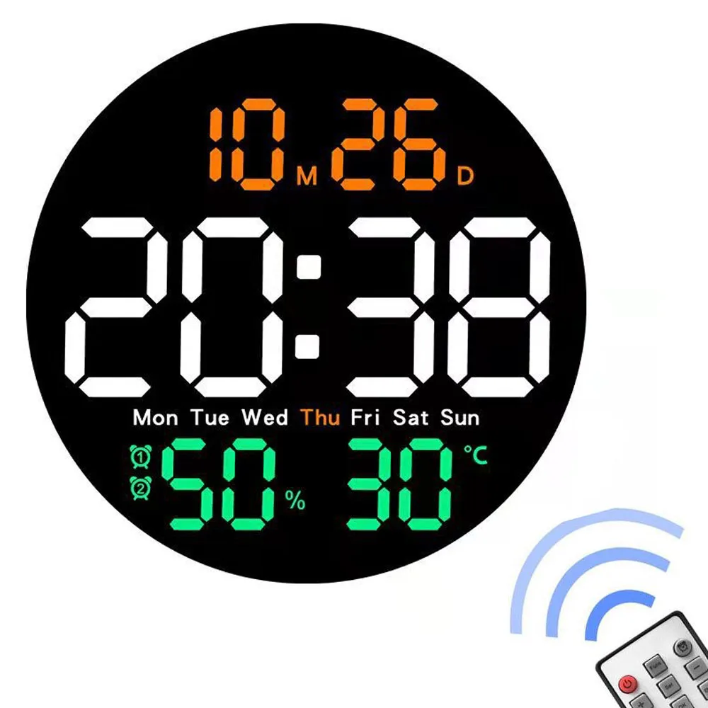 Remote Control LED Wall Clock with Dual Alarms,Calendar,Temperature and Humidity.Brightness Adjustable