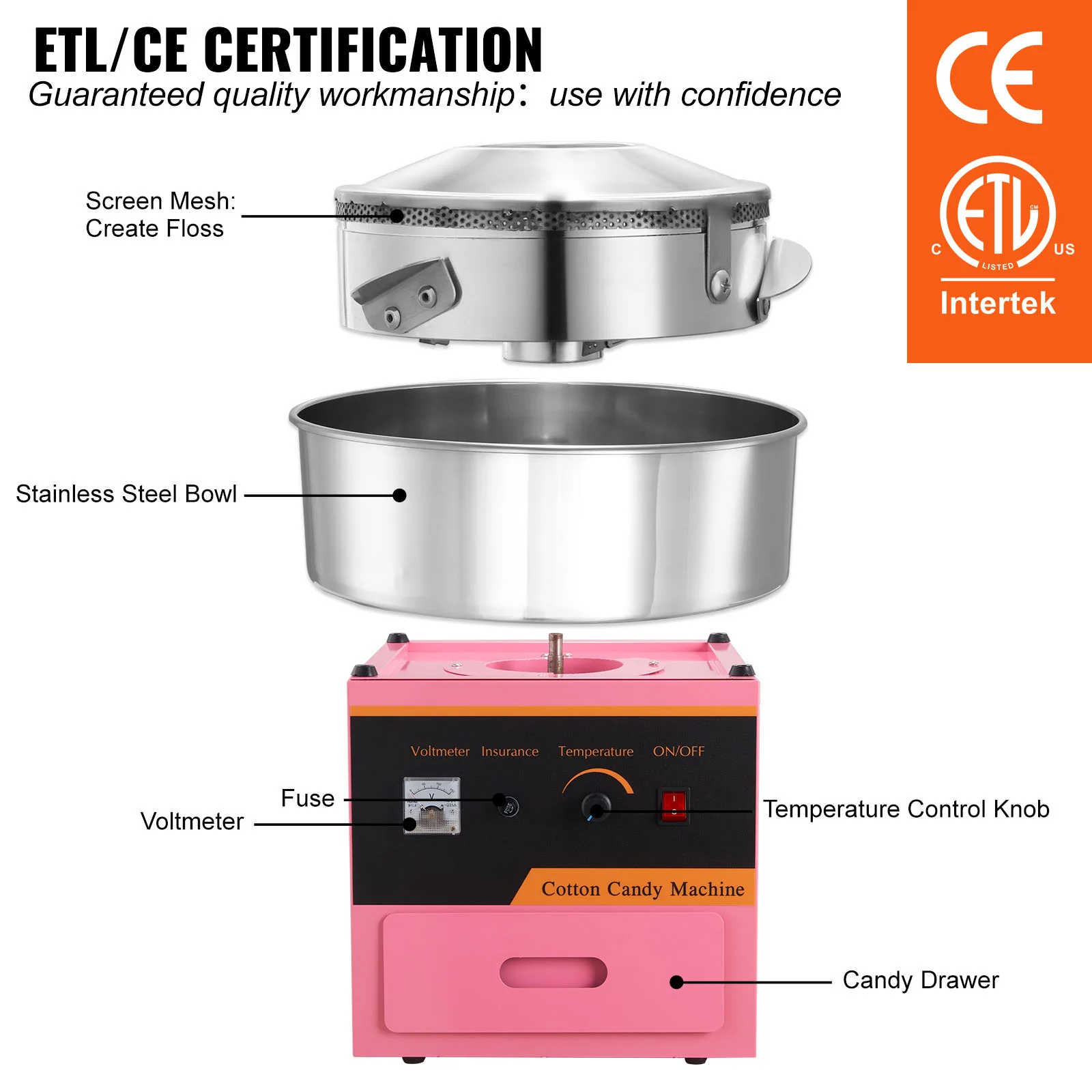 ماكينة حلوى القطن الكهربائية من SucceBuy، ماكينة صنع الخيط التجارية مع وعاء من الفولاذ المقاوم للصدأ، درج مغرفة السكر لحفلات أعياد الميلاد #5