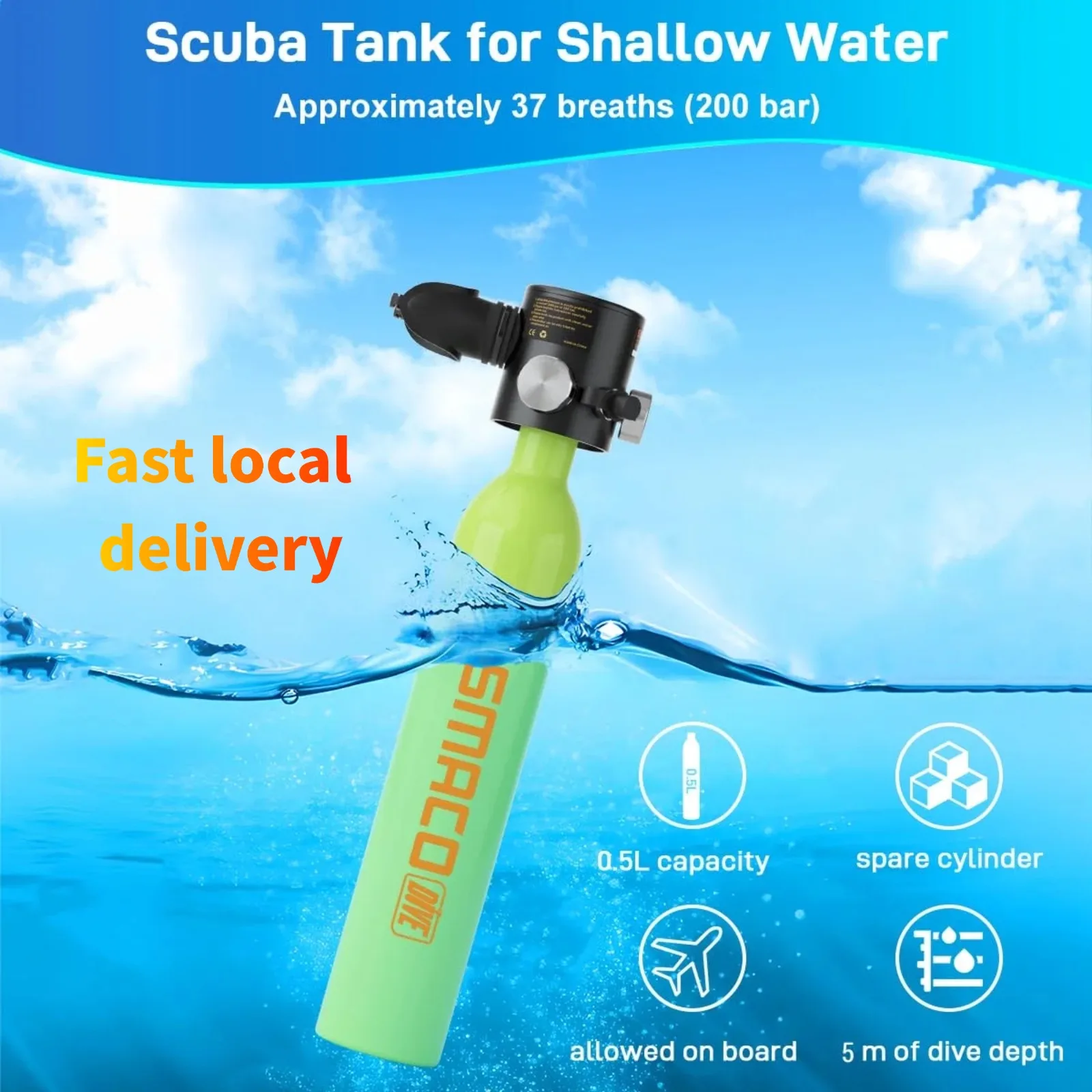 SMACO S300 0.5L Mini Scuba Tank With Adapter Fast Local Delivery Portable Spare Diving Lung Tank For Snorkeling Backup Equipment