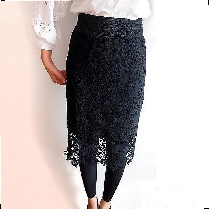 Elegant High Waist Midi Skirts for Women Elastic Waist Lace Hollow Out Flowy Skirt Spring Summer