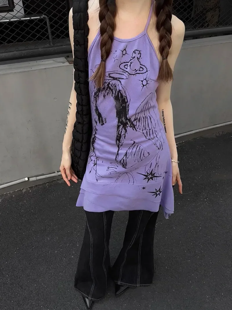 Sleeveless Graffiti Print Tshirts High Street Irregular American Retro Loose Summer Y2k Women Casual Purple Tanks Hip Hop Camis