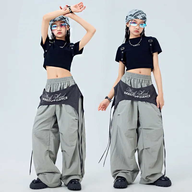 طفل Kpop الهيب هوب الملابس حزام أسود المحاصيل الأعلى تي شيرت رمادي عادية واسعة حزام المظلة السراويل لفتاة الجاز ملابس رقص الملابس