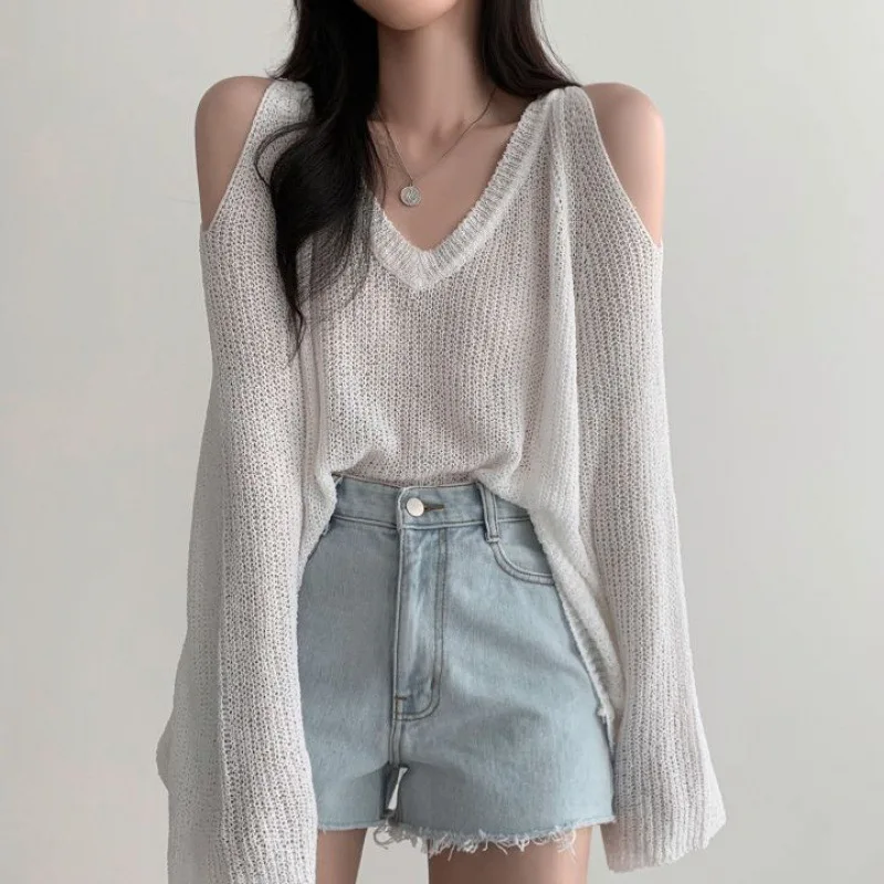 White Off Shoulder Thin Sweater for Women Autumn Winter Trend Korean Style Knitwear O Neck Loose Oversized y2k Pullover