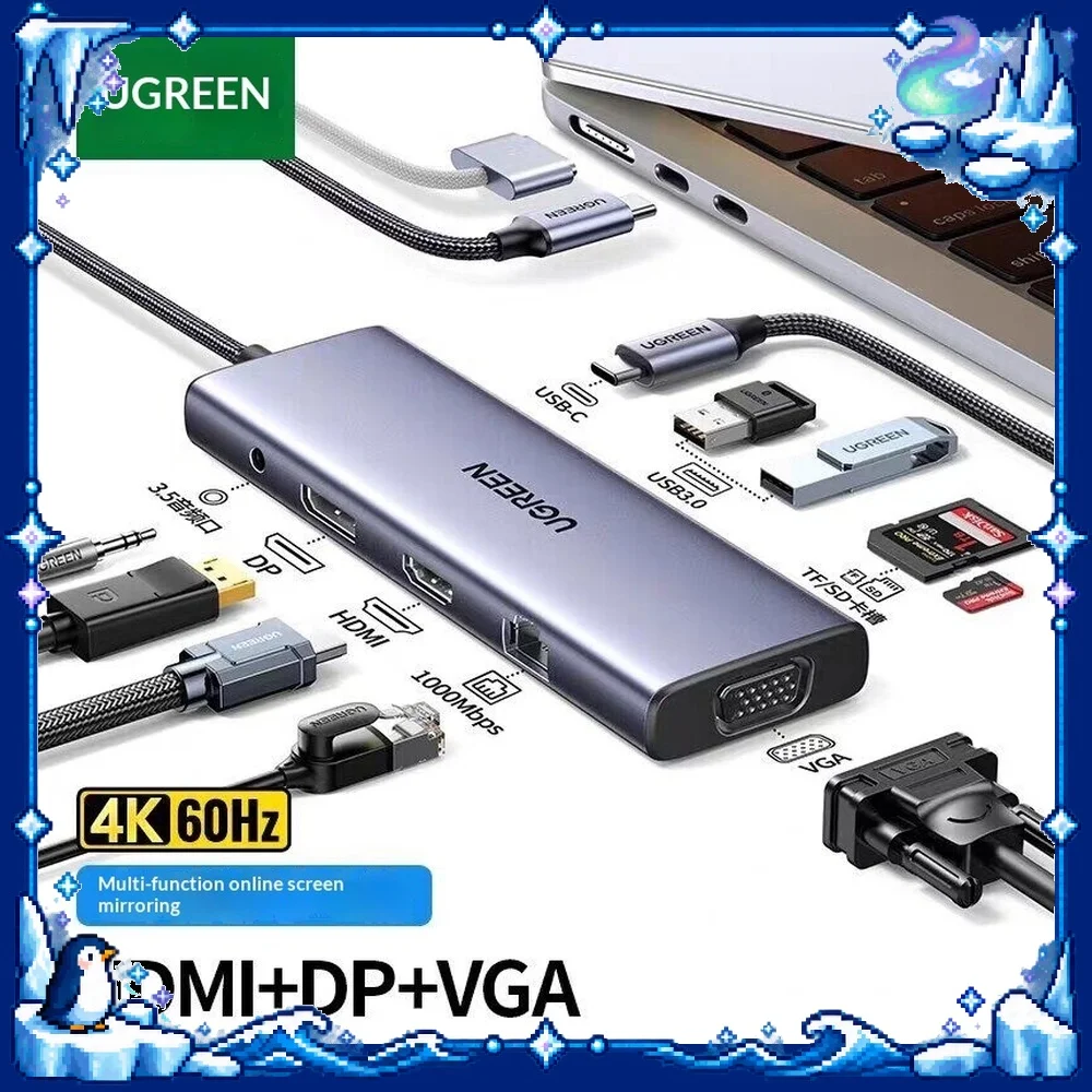 UGREEN 90887 USB-C Hub 10-in-1 HDMI DP VGA Gigabit Ethernet USB 3.0 SD TF 3.5mm Audio Multiport Adapter for Laptop