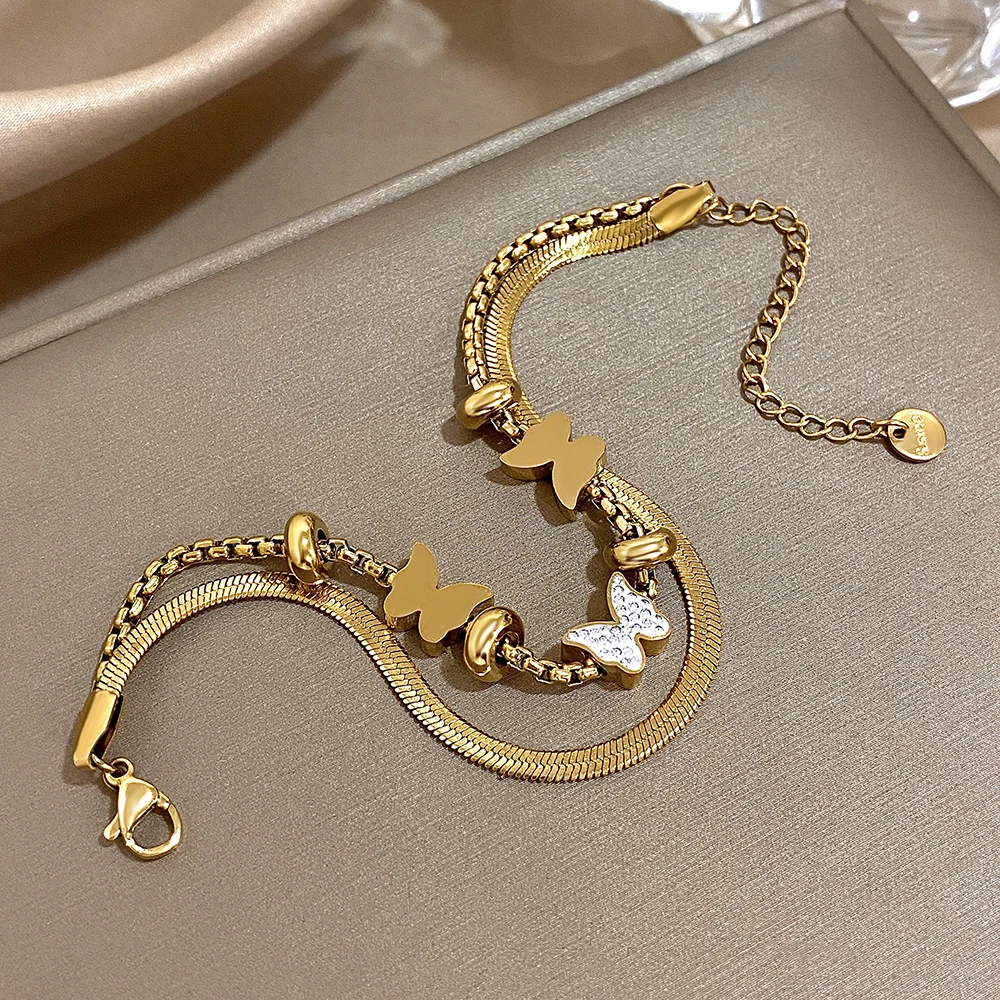

Freetry Stainless Steel Butterfly Pendant Bracelet Double Link Chain Bracelets for Women Chunky Snake Bone Chain Wrist Jewelry