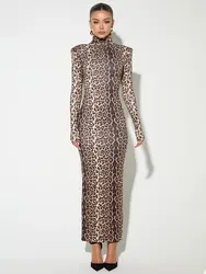 GACVGA Luipaardprint Volledige Mouw Sexy Maxi Jurk Voor Vrouwen Herfst Winter Mode Elegante Coltrui Gedrukt Bodycon Lange Jurk