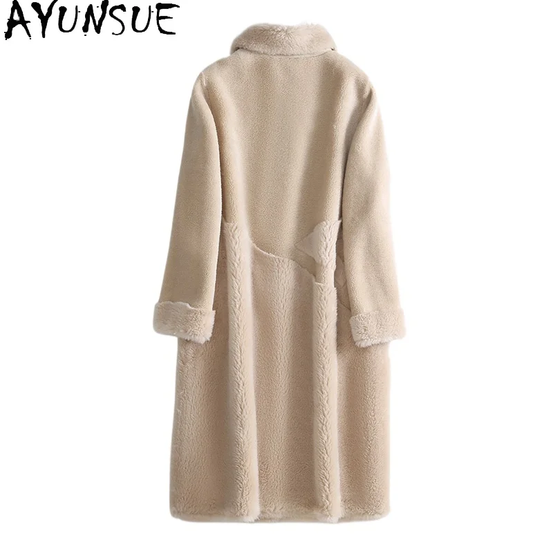 AYUNSUE 100% Wool Coats Real Fur Coat Womens New in Outerwears Women Clothes Winter Long Coat Composite Sheepskin Fur Шуба 2024