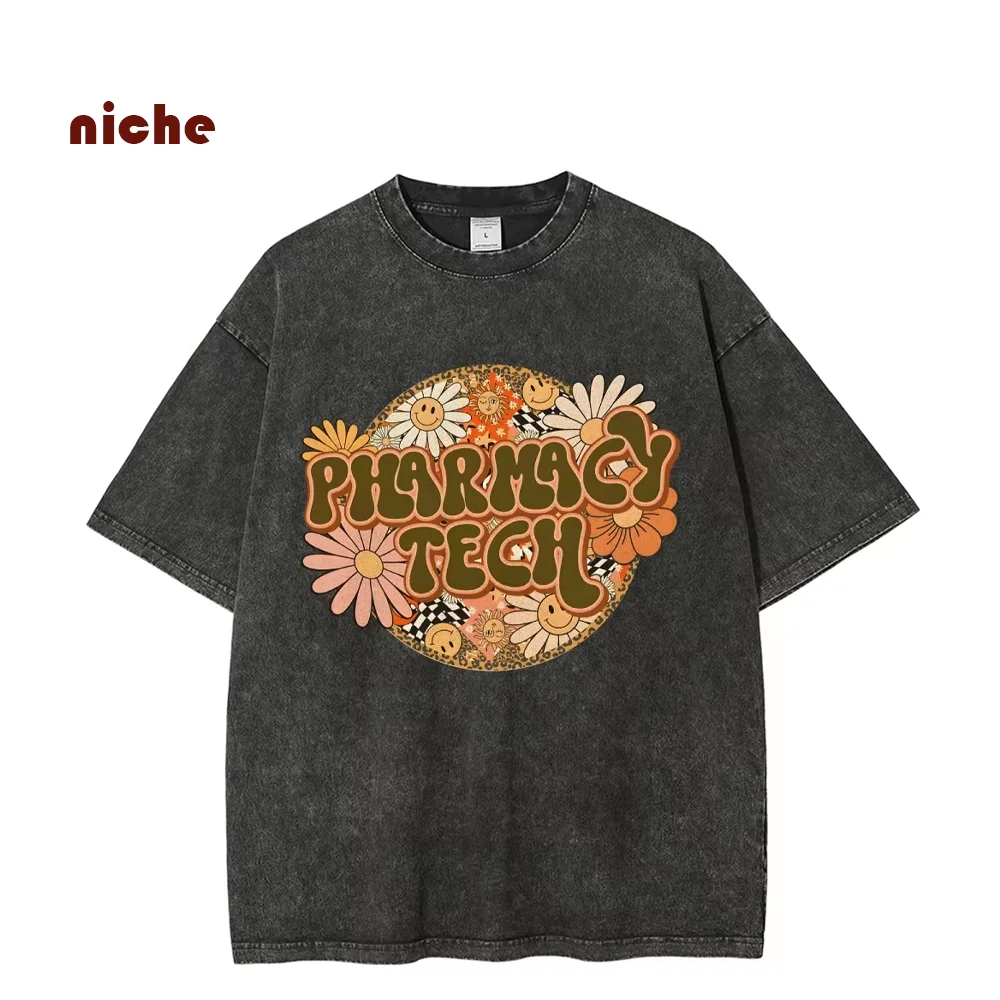 

Cartoon Color Chrysanthemum Letter Print T-Shirt Pure Cotton Y2k Shoulder Round Neck Neutral Style Washed Short Sleeves