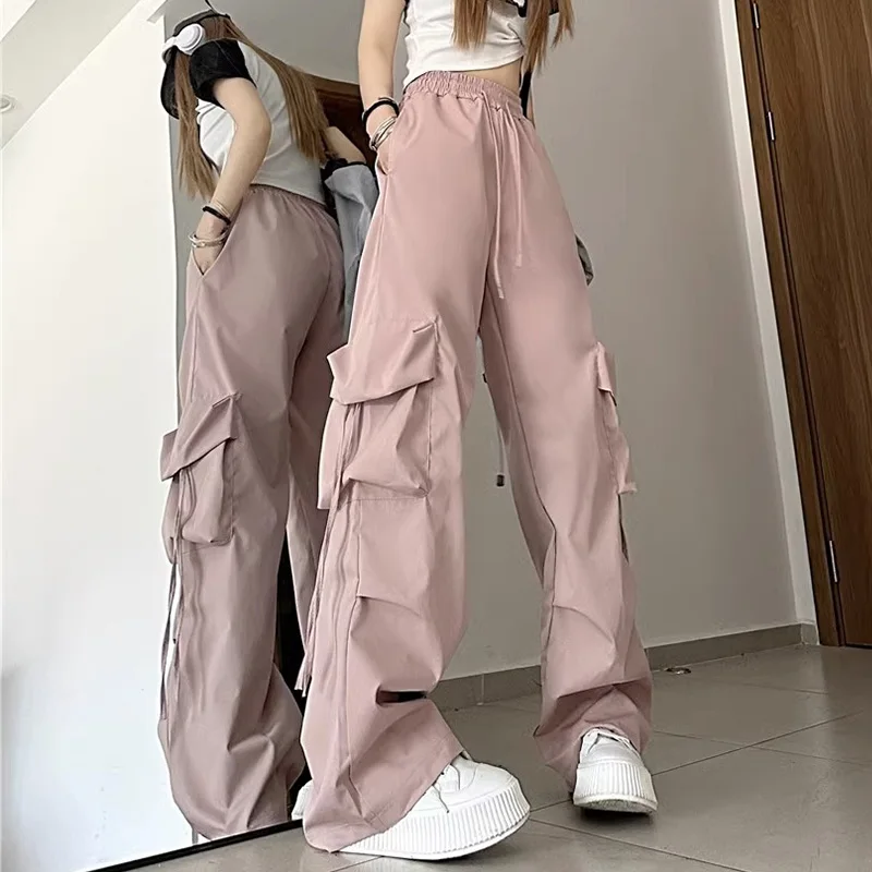 High street retro casual large pocket overalls women's new summer high waist loose straight tube draped wide leg pants