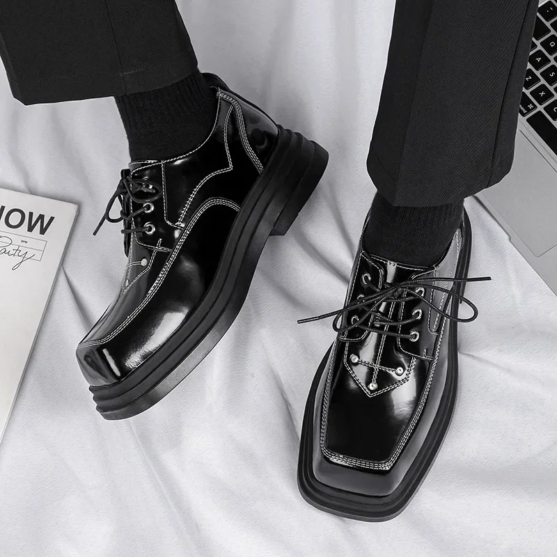 Height Increasing Leather Casual Shoes for Men Square Toe Derby Shoes Streetwear Fashion Men Designer Dance Shoes