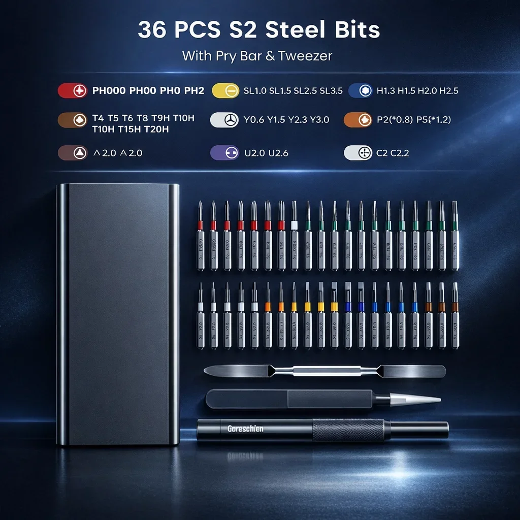 Präzisions-Schraubendreher-Set mit 36 Langen S2-Bits, Magnetisches Reparaturwerkzeug für Brillen, Uhren, PC, Computer, Kamera – Detail 6