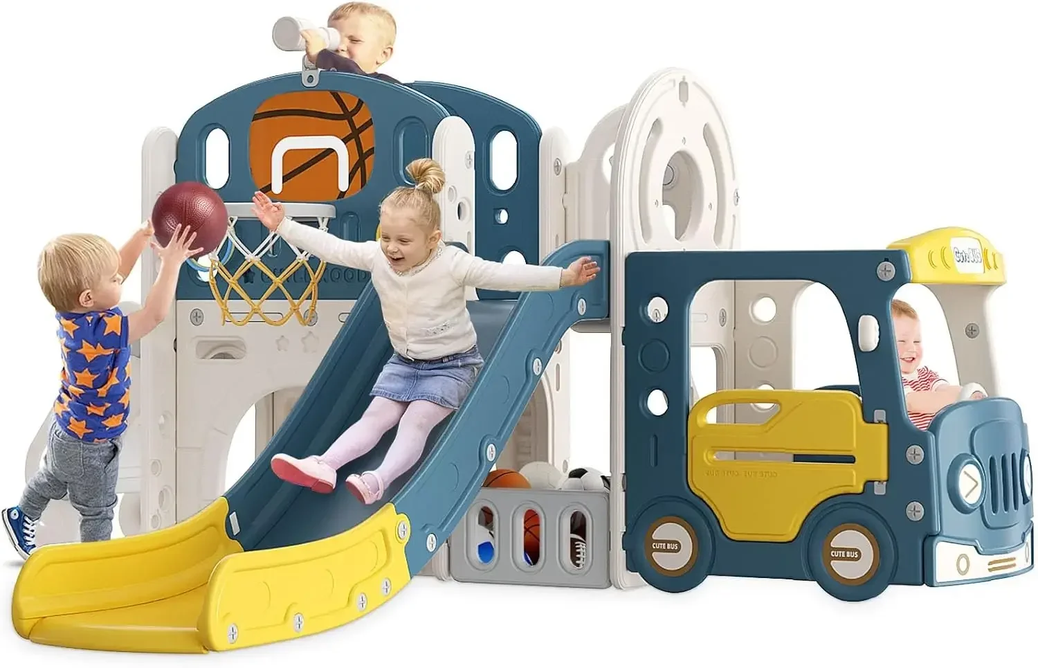 Slide infantil 10 em 1, escorregador para bebês para crianças de 1 a 3 anos com barracas, cesta de basquete e lançamento de anel, escorregador interno e externo