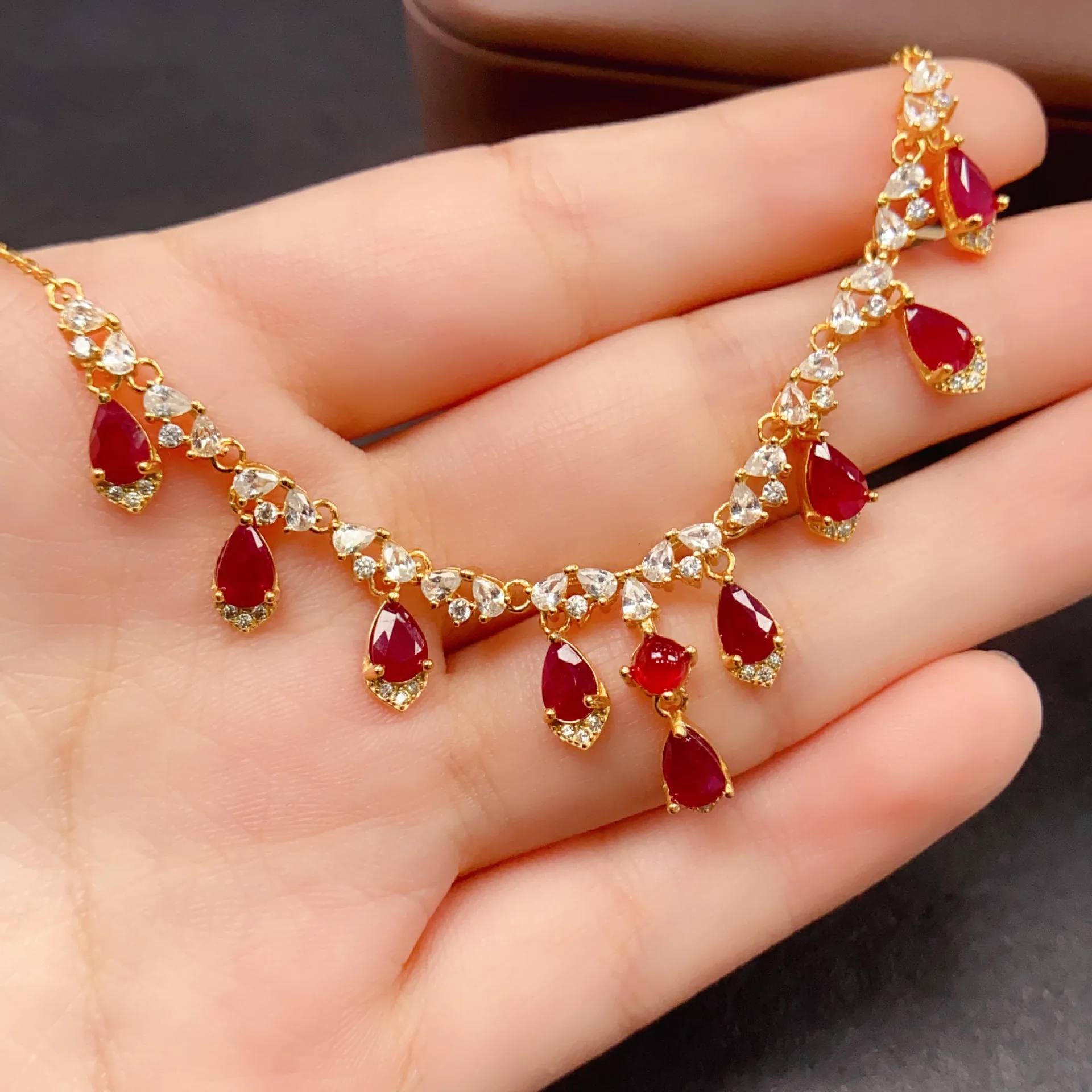 Natural Ruby Statement Necklace, S925 Silver Inlaid 4*6mm Pear Cut Main Stones, Shiny Zircon Wedding Party Collarbone Jewelry