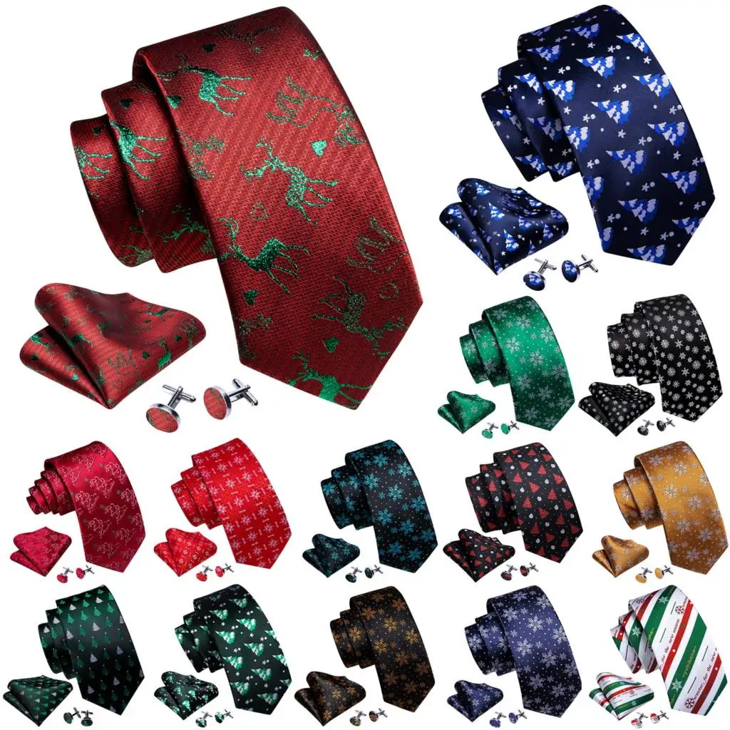 

Barry.Wang Silk Christmas Men Tie Necktie Hankerchief Cufflinks Set Xmas Festival Cravat Red Green Blue Gold Snow Santa Reindeer