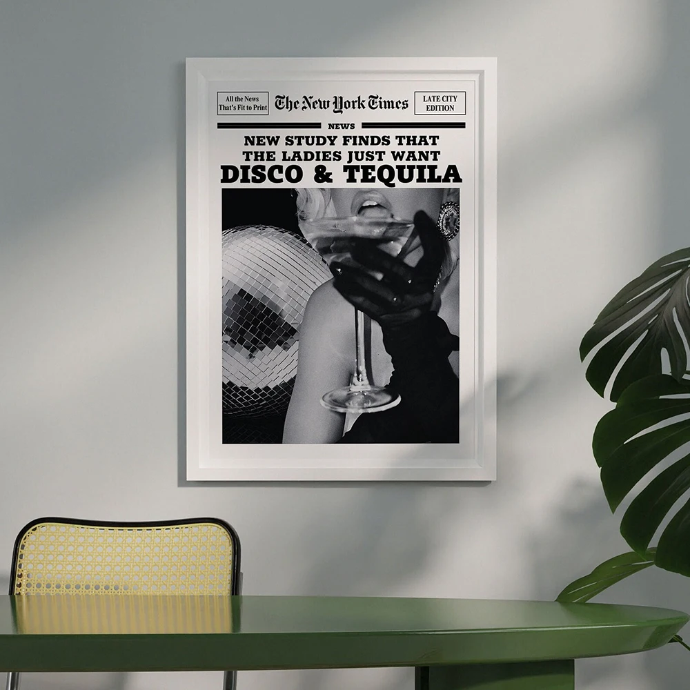 Retro Newspaper Disco Tequila Print Bar Cart Poster Trendy Dorm Room Decor Funky Wall Art Pictures Fashion Canavs Painting