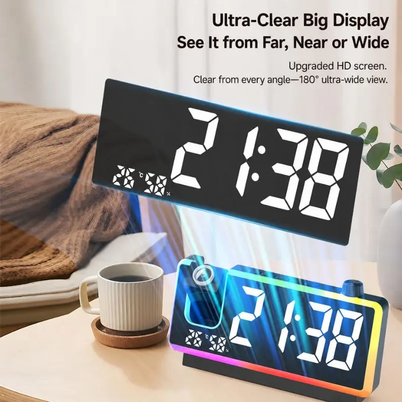 Rgb Electronic Led Digital Alarm Clock Dual Time Temperature Projection Wake Up Timer Desktop Bedside Decor Clock For Bedroom