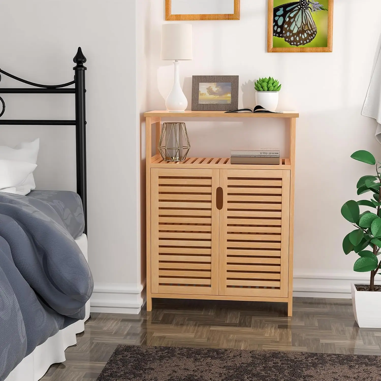 !@Combohome Floor Standing Bamboo Rattan Bathroom Storage Cabinet with Door & Shelf