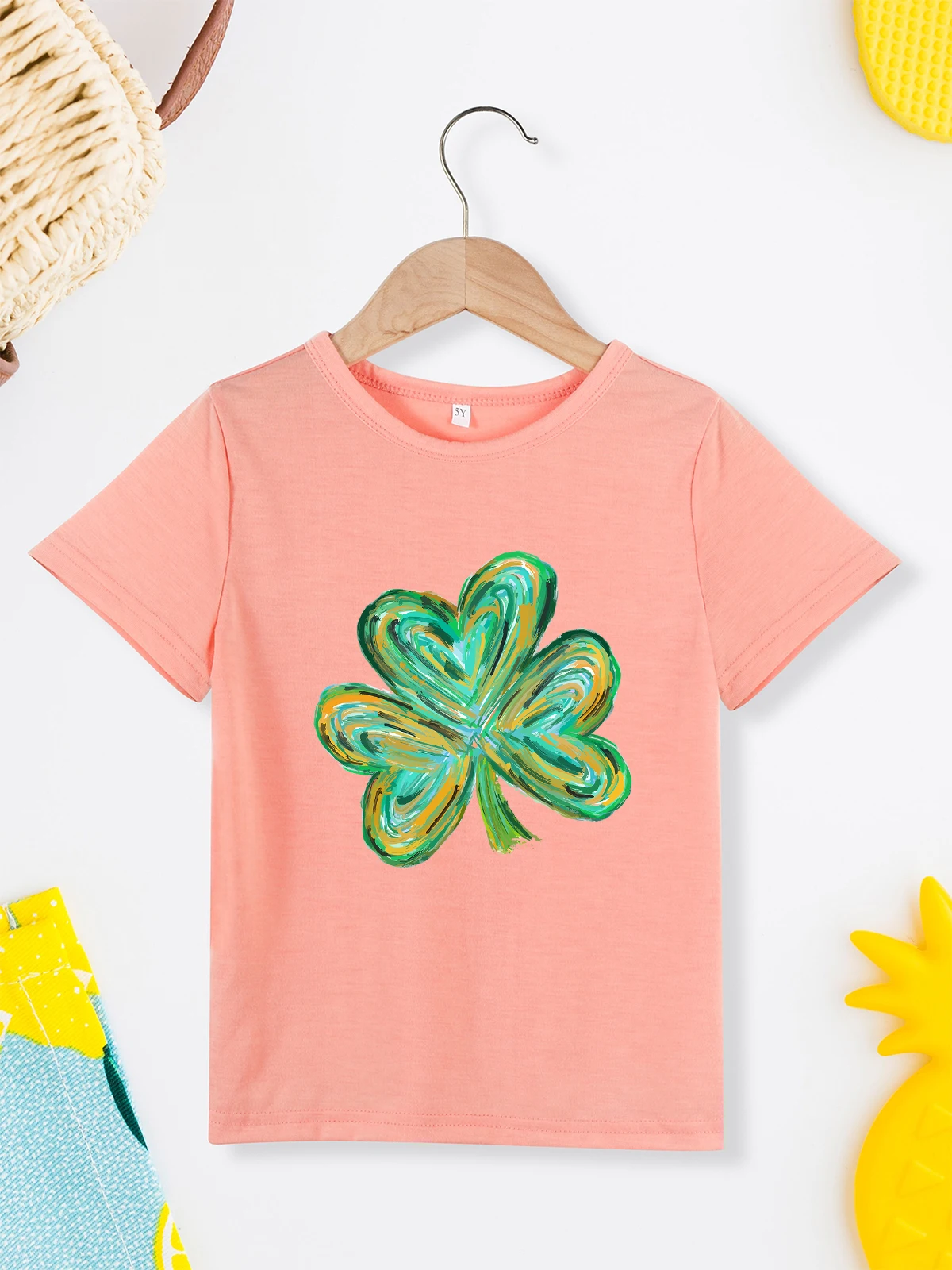 

Clover Pattern Cute Girl Clothes Pink Sweet Style Aesthetic Spring Summer Casual Kids T Shirt Comfy Soft Fabric Toddler Tees