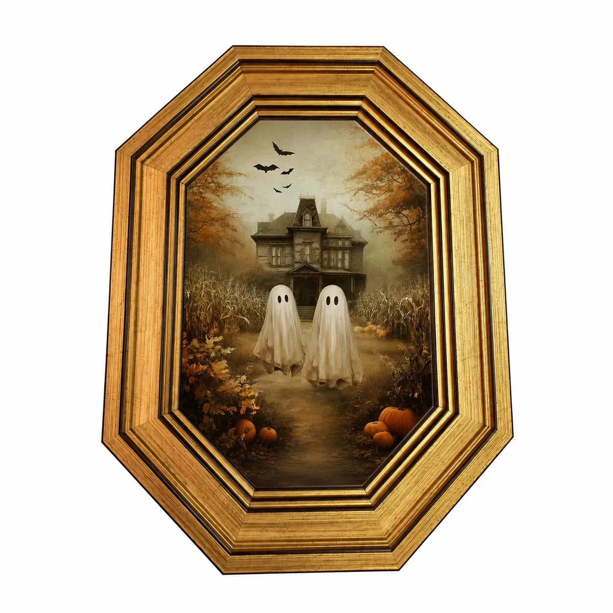 Vintage Octagon Gold Frame Ghost Haunted House Art, Dual Use Tabletop Hanging Spooky Autumn Halloween Home Decor