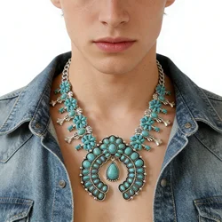 2026 New Boho Ethnic Turquoise Resin Necklace Earrings Women Jewelry Sets Indian Retro Baroque Statement Squash Pendant Necklace