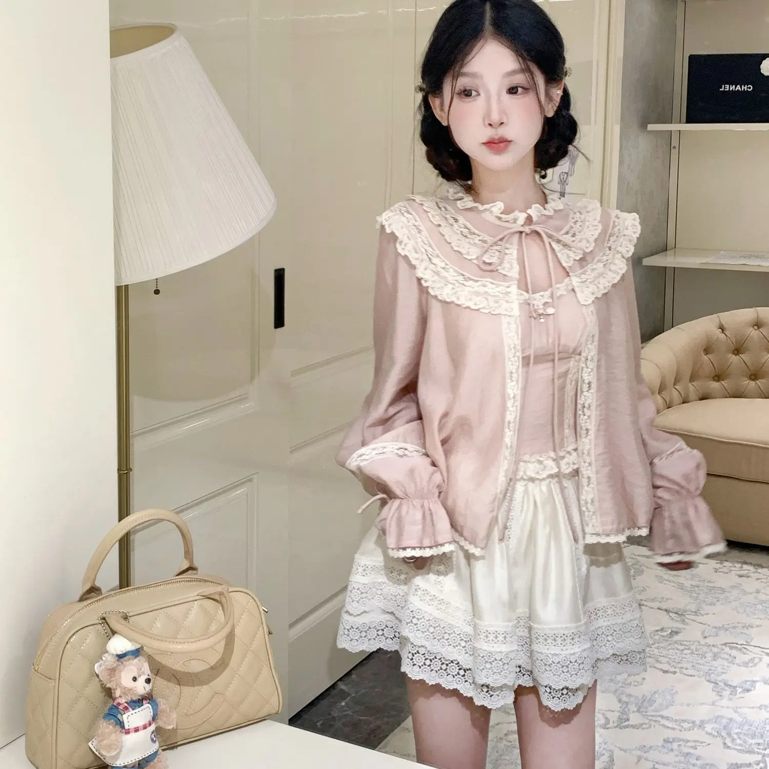 

Japan Elegant Suspender Cardigan Skirt Women Harajuku Gothic Y2k Lace Ruffle Cotton Blouse Female Vintage