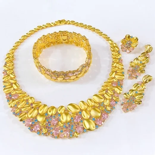 Yulaili Stud Colorful Leaves American Zirconia Jewelry Set Luxury Hotsale Trendy Necklace Bracelet Earrings Ring Set For Wedding