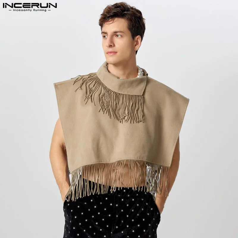 INCERUN Tops American Style Fashion Mens Loose Tassel Cropped Woolen Design Cape Casual Personality Male Solid Sleeveless Cloaks