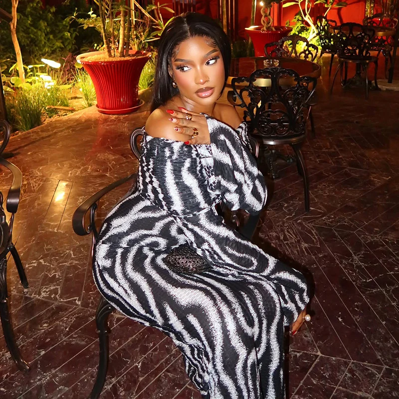 أسود أبيض مخطط مطبوعة Ruched Bodycon فستان ماكسي المرأة أنيقة ليلة نادي حفلة قبالة الكتف كم طويل فساتين لحضور الحفلات الموسيقية