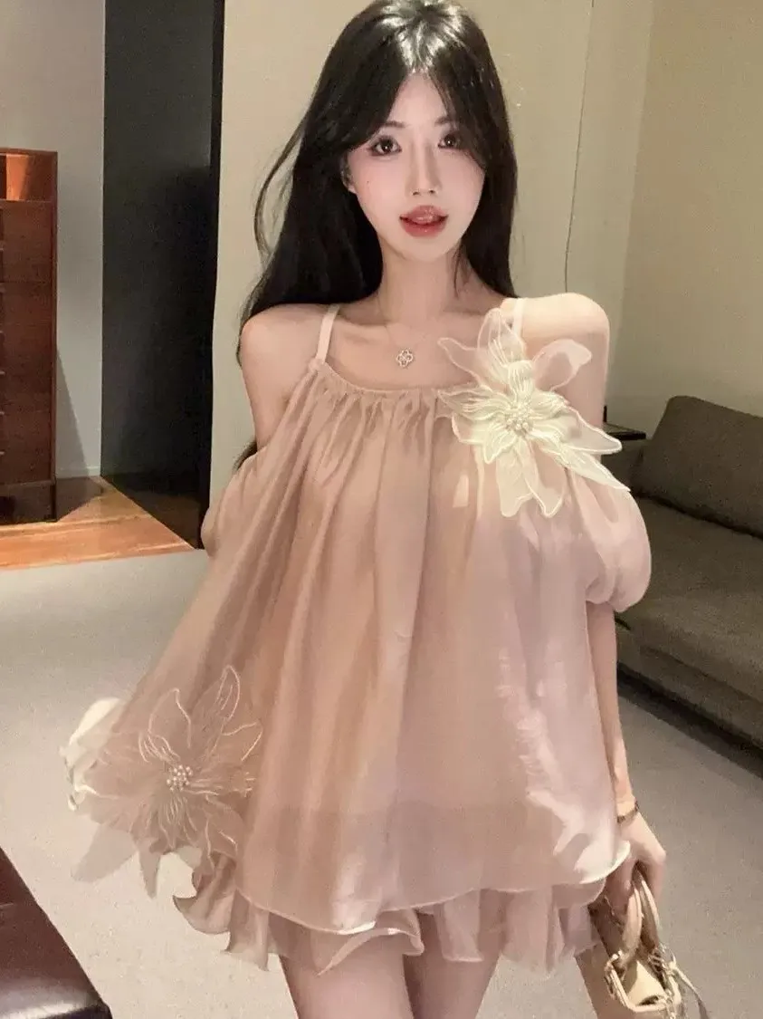 Extra Large Size 300 Pounds Gentle 3D Flower One Shoulder Top Sexy Versatile Ultra Fairy Korean Style Shirt T-Shirt Princess ...