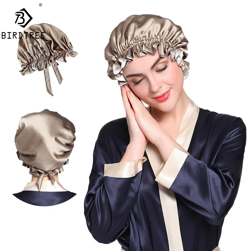 

Birdtree 100% Mulberry Silk Bonnet Women Double Layer Sleeping Night Cap Pure Hair Wrap Elastic Headwrap A43752JM