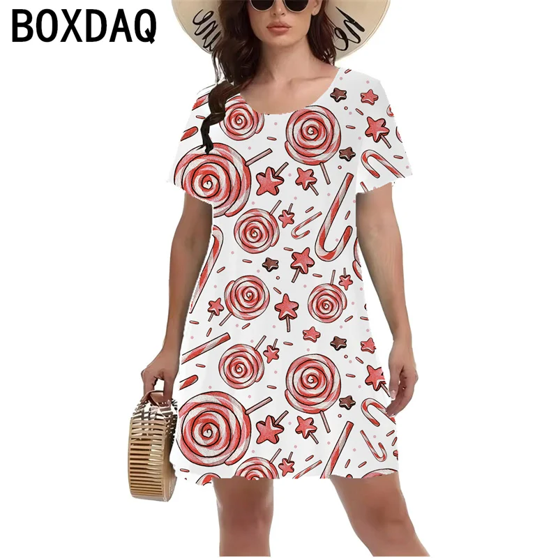 New Hot Selling Women Christmas Dress Summer Big Size O-Neck Short Sleeve Casual A-Line Dress Christmas Element Print Mini Dress