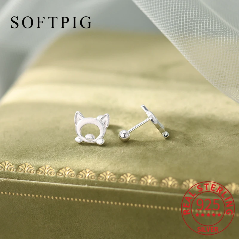 

SOFTPIG Real 925 Sterling Silver Hollow Cat Piercing Screw Bead Mini Stud Earrings for Women Fine Jewelry Animal Accessories