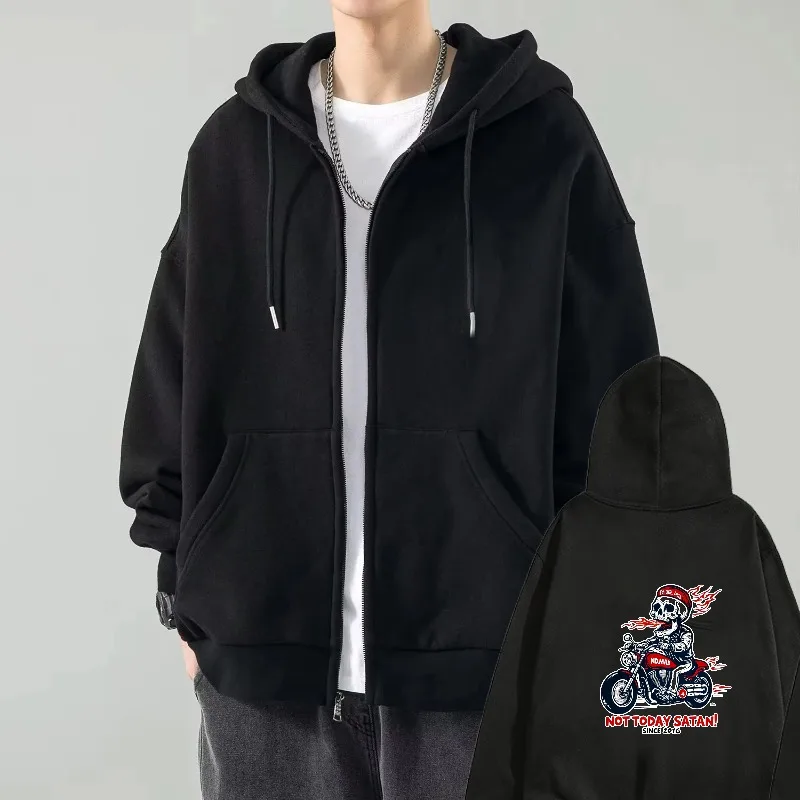 

Men's Hooded Jacket Black Skull Motorcycle Print NOT TODAY SIR Text Streetwear Casual Outfit for Men Hip Hop Style