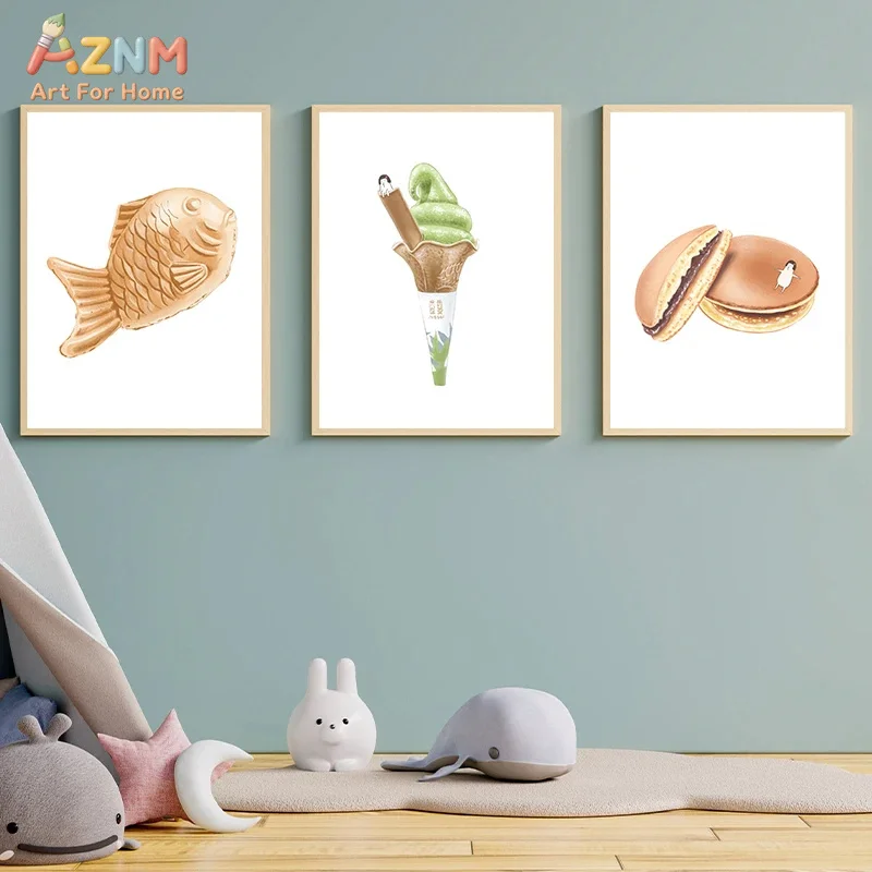 AZNM Cute Watercolor Japanese Snack Canvas Wall Art Taiyaki Matcha Ice Cream Dorayaki Cartoon Food Unframed Print For Kids Bedro