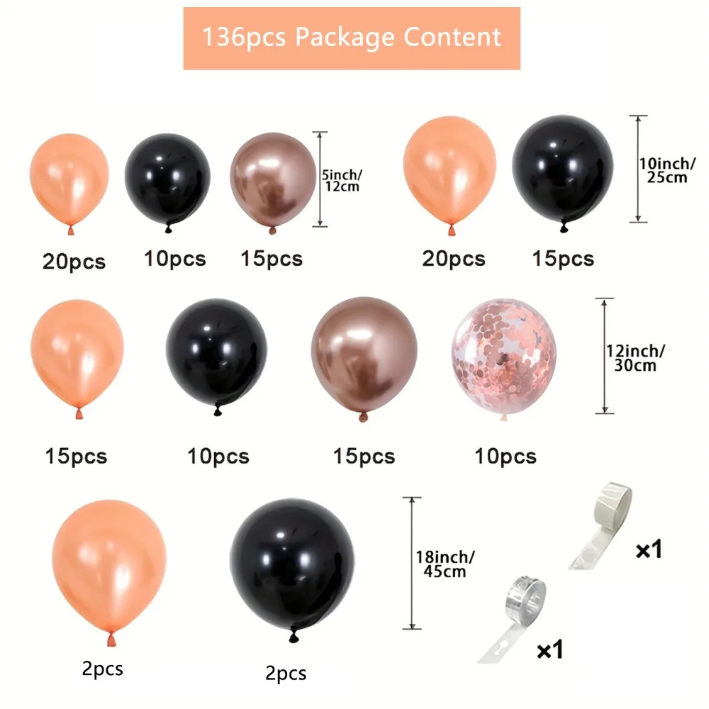 136PCS Rose Gold Black Balloon Arch Set Balloon Wreath Set Women\'s Birthday Bride Wedding Party Decoration Supplies
