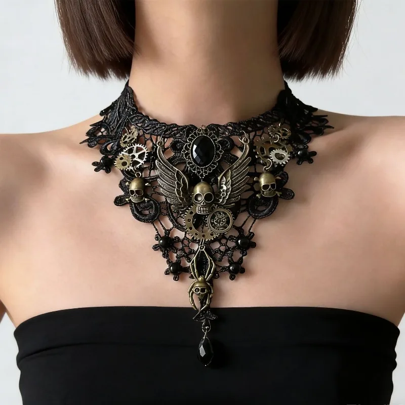 Steampunk Gothic Lace Choker Necklace Black Skull and Gear Charm  Vintage Brass Tone Dark Victorian Cosplay Jewelry Gift