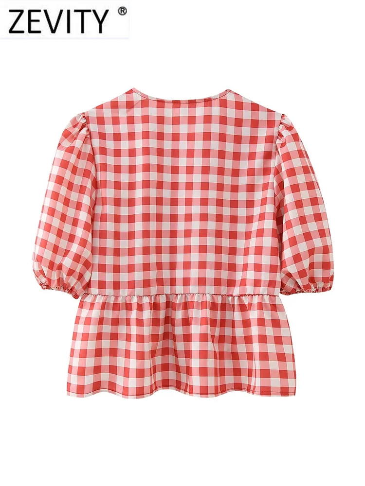 Zevity 2024 Women Fashion O Neck Puff Sleeve Plaid Print Casual Smock Blouse Female Chic Lace Up Ruffles Shirt Blusas Tops LS309