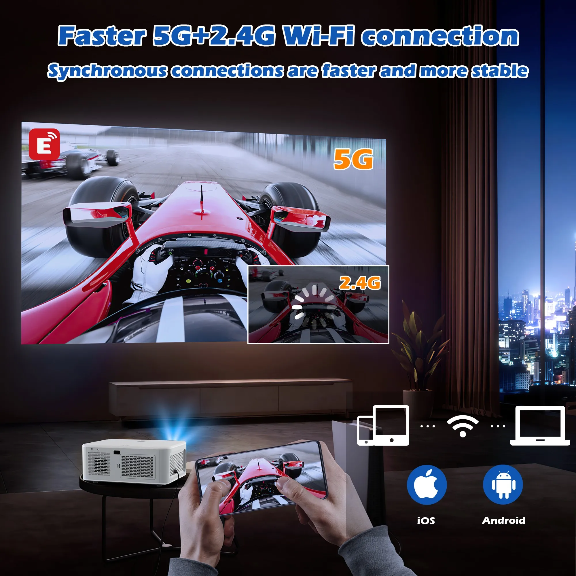 HORLAT 21000Lumens Android 4K Projector LED Beamer Full HD 1080P Video Home Theater Keystone 5G WiFi Portable Proyector