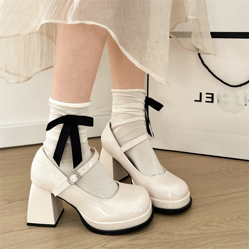 

Туфли Мэри Джейн на высоком каблуке 8 см, новые осенние туфли без шнуровки с круглым носком и неглубоким носком на платформе, нескользящие туфли на блочном каблуке