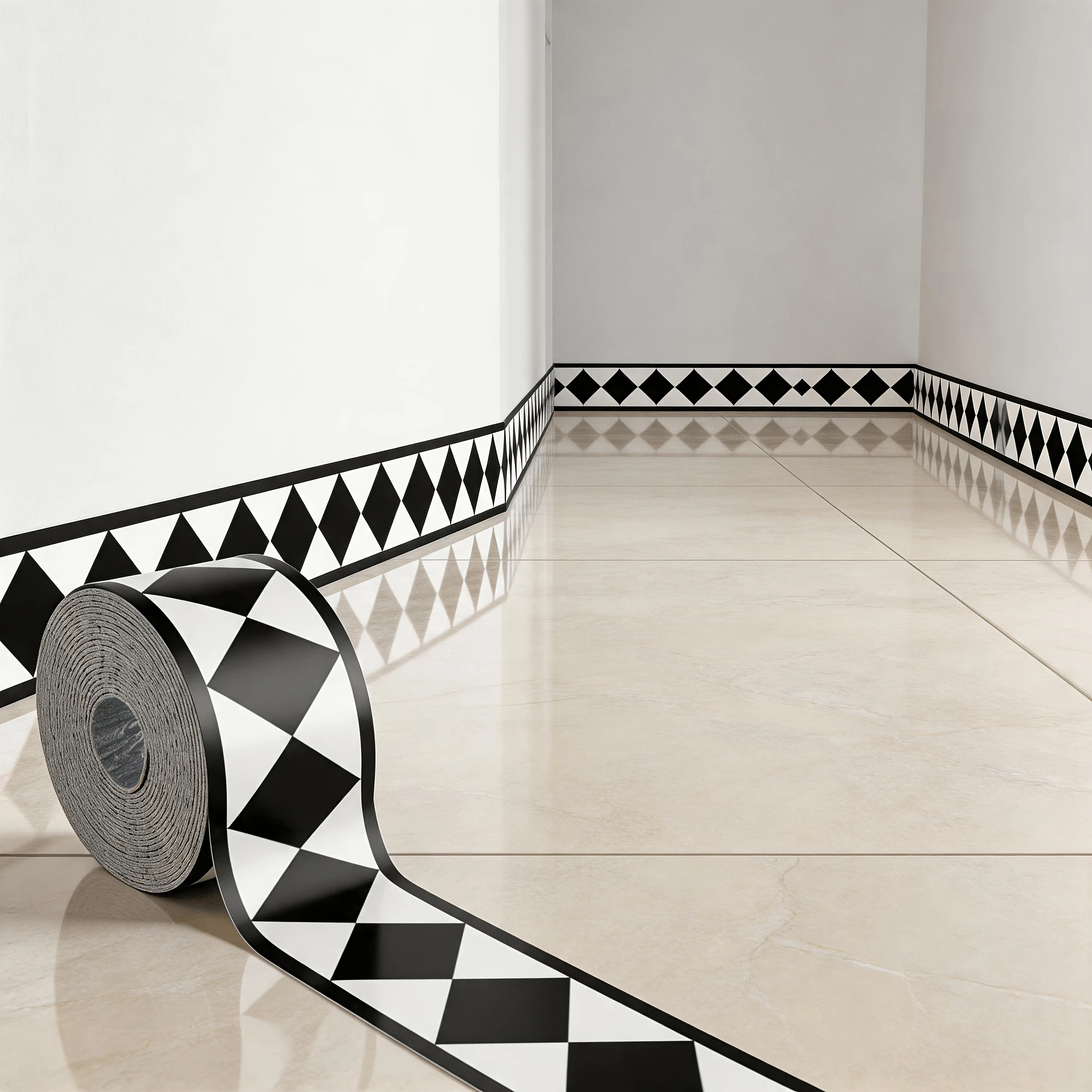 1 Roll Black and White Checkered Self-adhesive PVC Skirting Sticker, Applicable for Home and Commercial Corner, Tile, Ceiling