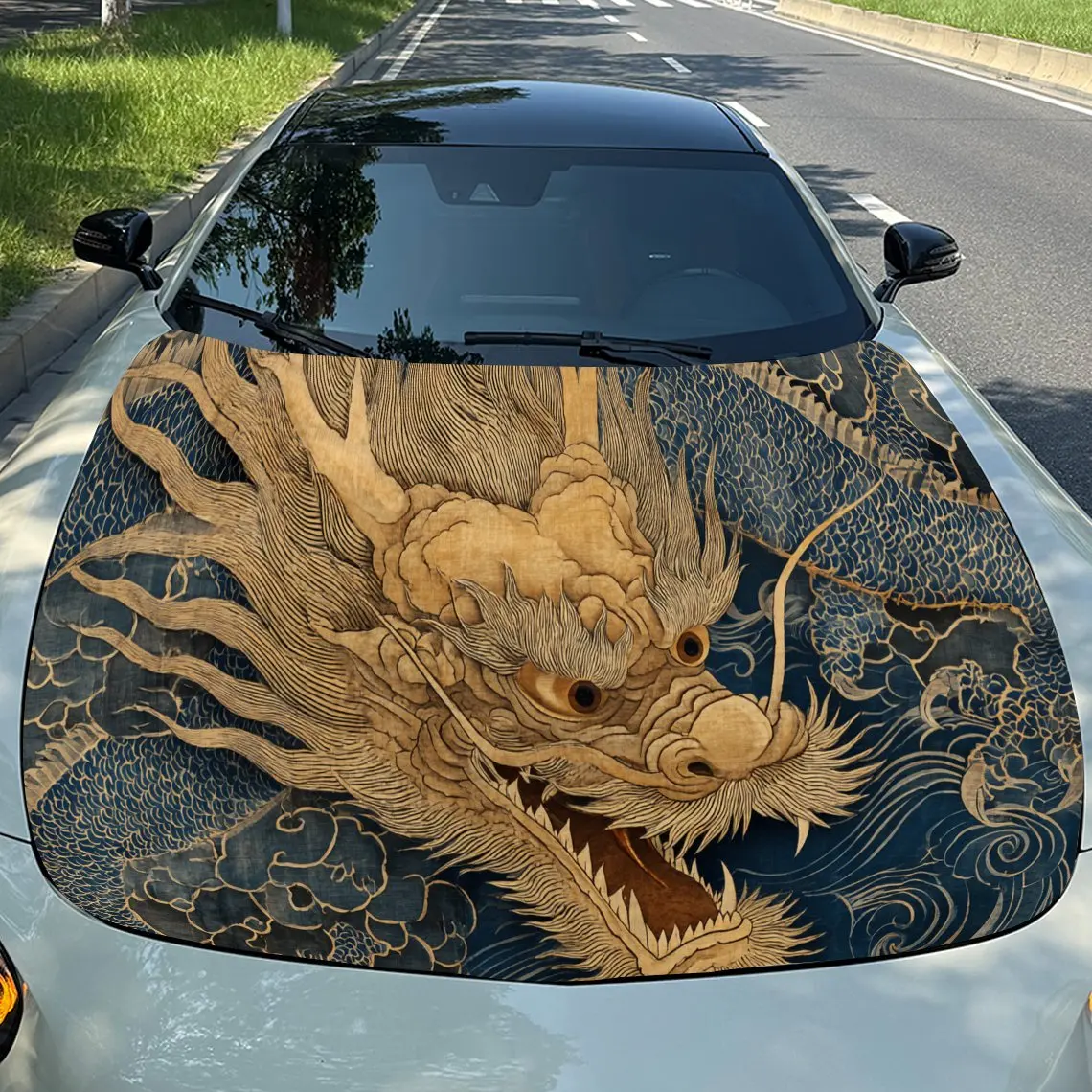 

Dominant Golden Dragon Roar PVC Car Hood Wraps, Self-Adhesive Waterproof Car Bonnet Decal Sticker, Car Decoration Protection Sti