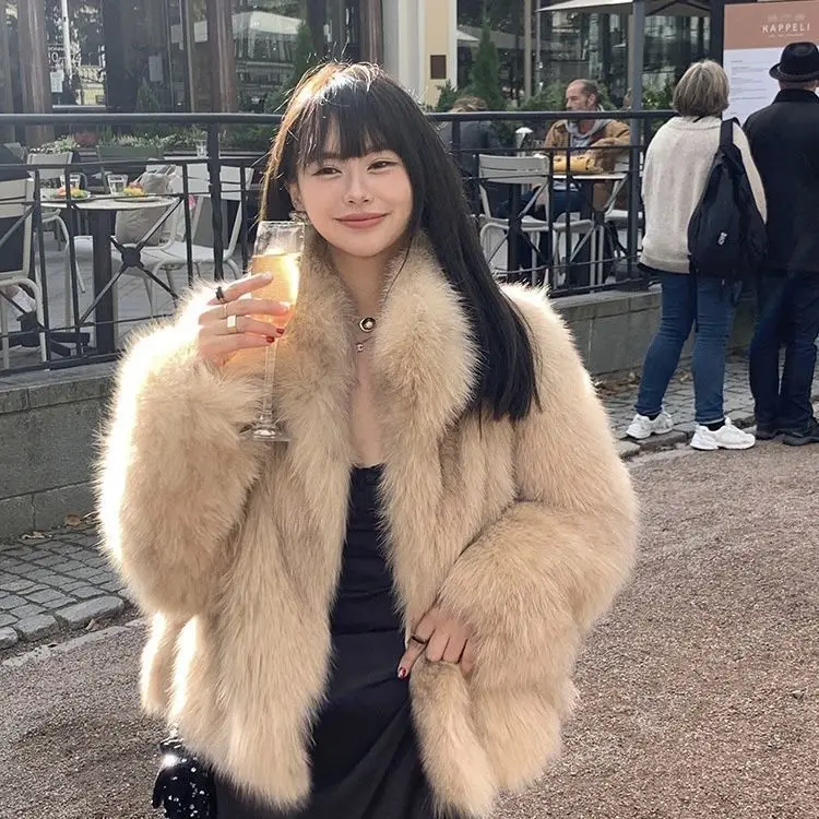 Elegant Faux Fur Jacket Coat New Fashion Casual Imitation Fox Fur Coat Winter Thick Warm Casual Office Lady Cropped Outwear