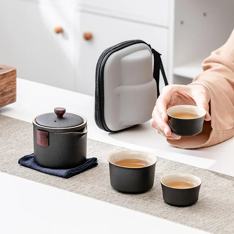 Portable Black Pottery Travel Tea Set Ceramic Kungfu Tea Set  Tea Pot and Cup Set Te Matcha