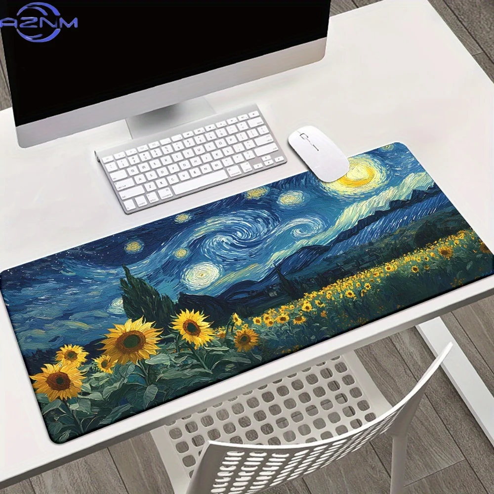 Van Gogh Starry Night Art Large XXL Mouse Desk Mat Anti-Slip Rubber Stitched Edge Gaming Keyboard Pad for Office  Accessories