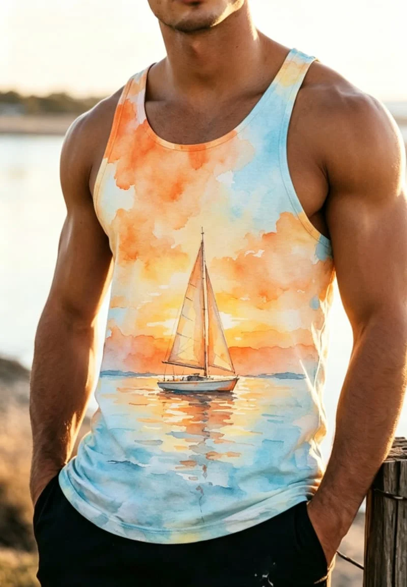 Men's fresh watercolor style natural landscape printed sleeveless tank, for beach travel, daily travel, and casual wear
